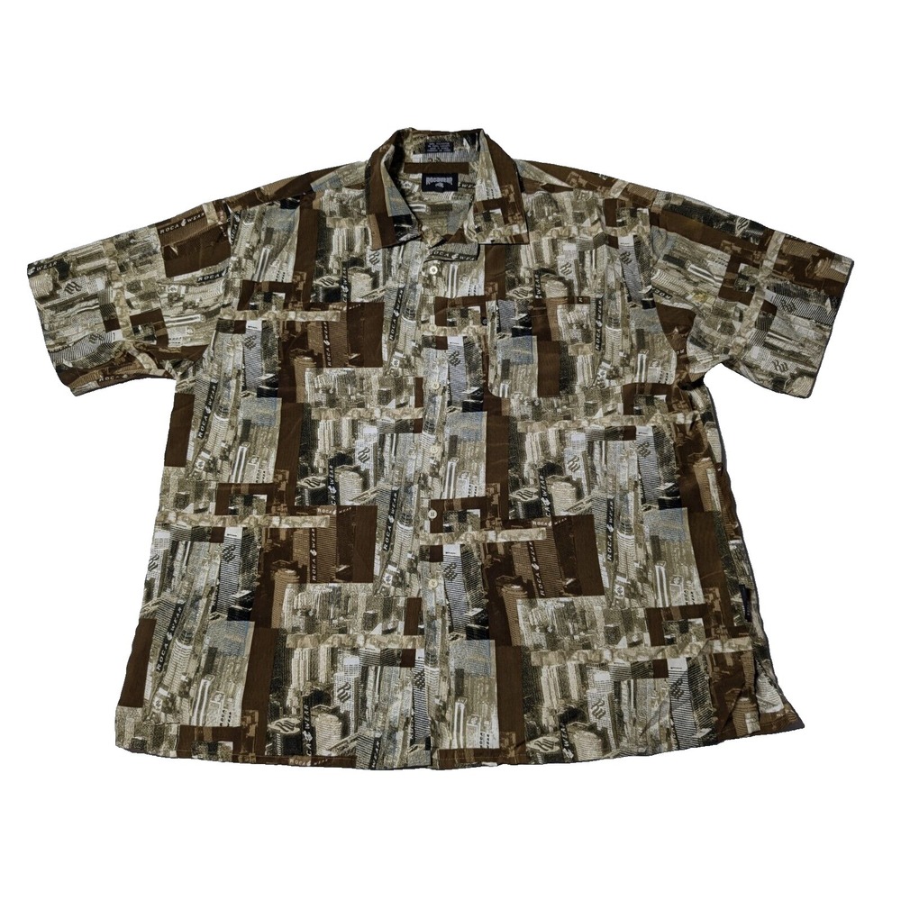 VTG‎ ROCAWEAR Downtown Skyscraper Buildings Allover Print Men 2XL Brown Shirt